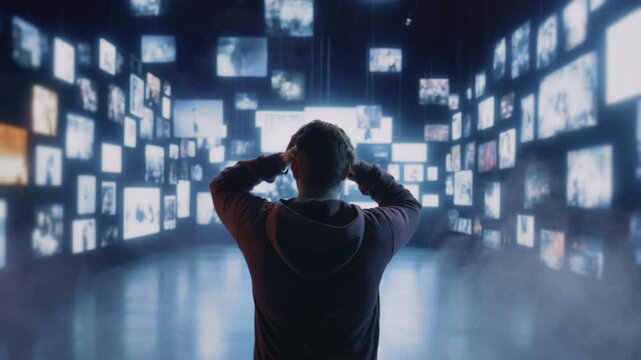 Man Overwhelmed By Digital Screens Information Overload Virtual Reality Modern Technology