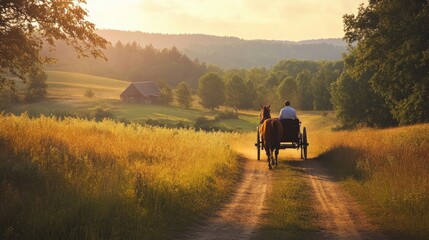 Obraz premium A person enjoying a horse-drawn carriage ride through scenic countryside, vivid tones highlighting the peaceful, nostalgic atmosphere.