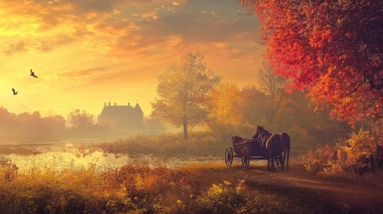 Obraz premium A person enjoying a horse-drawn carriage ride through scenic countryside, vivid tones highlighting the peaceful, nostalgic atmosphere.