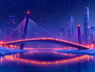 Obraz premium A snowy cityscape with a bridge illuminated by lights under a starry night sky.