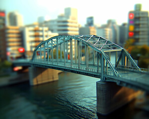 Obraz premium A steel bridge over a river with the city skyline in the background.