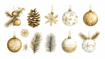 Holiday decorations, elegant gold christmas symbols on white background ideal for adding holiday charm. Ornamented. Illustration