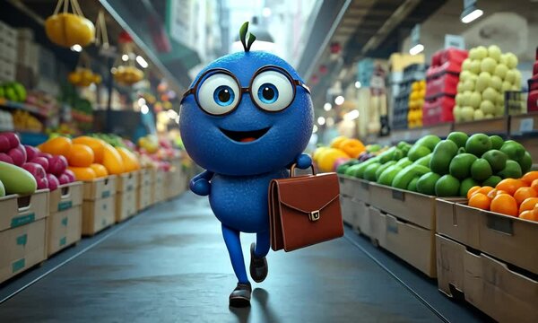 Cheerful blue cartoon character in a vibrant market carrying a briefcase, surrounded by colorful fruits and vegetables, showcasing a lively shopping atmosphere