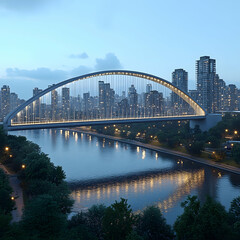 Obraz premium An arch bridge over a river with a cityscape in the background at dawn.