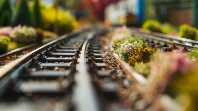 An intricately designed model railway display with tracks and miniature landscapes, Model railroading detail style, photo of