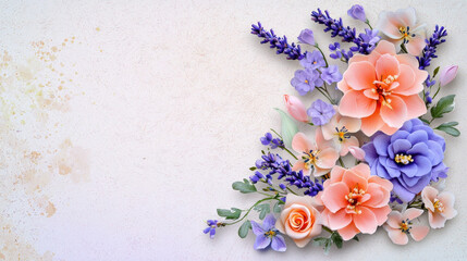 Pastel floral arrangement featuring lavender, peonies, and roses, creating serene and elegant atmosphere. Perfect for spring decor or invitations