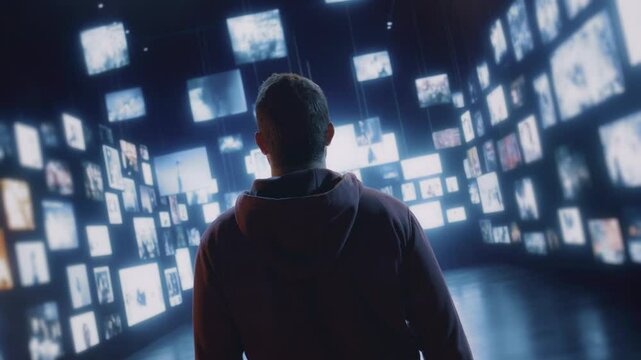 Man Standing In Front Of Digital Screens Modern Technology Innovation Future Communication