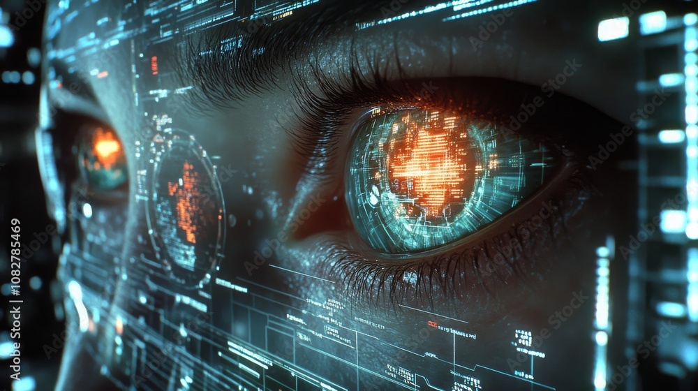Poster android monitors network security through an advanced digital interface in a futuristic environment