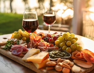 Sophisticated Wine and Charcuterie Board With Artisan Cheeses, Cured Meats, Fresh Fruit, and Herb Garnishes for a Refined and Luxurious Culinary Experience