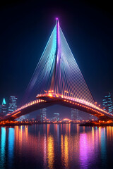 Fototapeta premium Futuristic bridge with colorful lights over water at night.