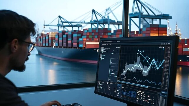 An officer leans forward, examining detailed cargo metrics on a sleek computer screen, with container ships docked just outside, symbolizing a real-time logistics check.