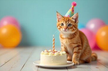 Orange cat with party hat and birthday cake with candle.
