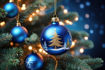 Fototapeta premium Close-up of Christmas tree with red balls and bokeh in the background. Background with copy space for holiday design.