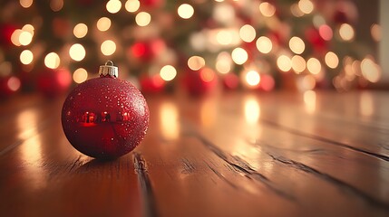 Wooden table close-up, with a softly blurred background of festive holiday baubles and twinkling lights, creating a warm, inviting Christmas scene. --ar 16:9