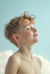 Profile of a boy against a background of clouds