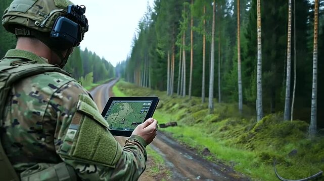 In a border outpost surrounded by forests, soldiers monitor real-time footage of border crossings on a tablet, while a Starlink antenna provides reliable satellite communications i