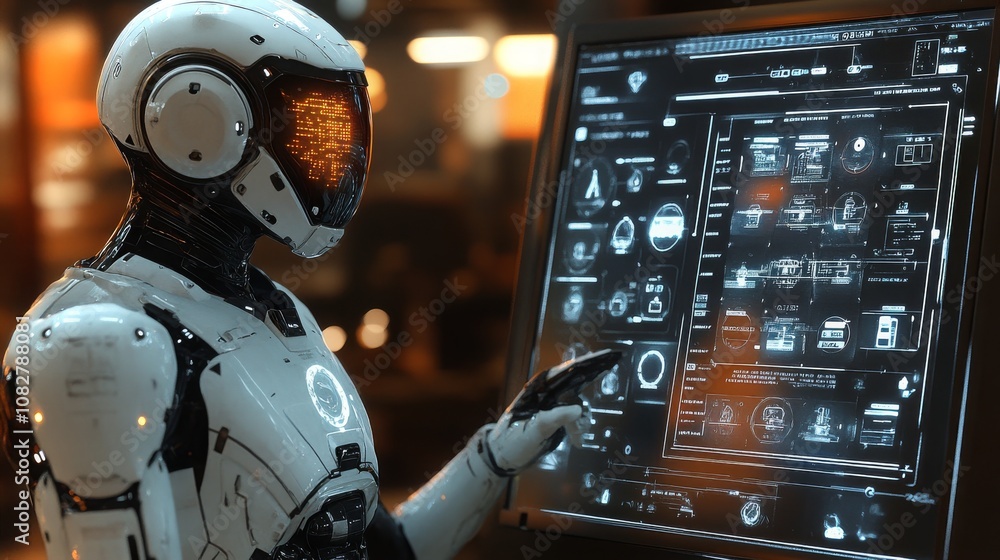 Poster an android interacting with a holographic display in a futuristic technology setting
