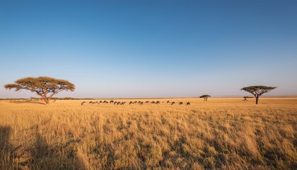 Fototapeta premium Vast Open Savannah Stretching to the Horizon, With Towering Acacia Trees Dotted Across the Landscape, Beneath a Clear Blue Sky and Gently Grazing Herds in the Distance