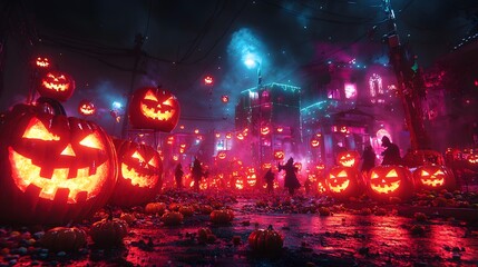Obraz premium Enchanting Haunted Playground Overflowing with Colorful Candy and Excited Kids Dressed in Halloween Costumes Under a Spooky Night Sky
