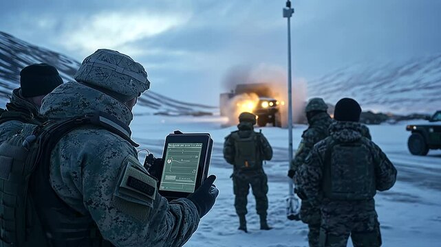 In a distant, icy border post, soldiers huddle around a tablet displaying surveillance footage, with the Starlink antenna providing crucial satellite communication in the isolated