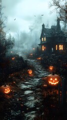 Eerie Haunted Yard with Glowing Pumpkins on a Foggy Halloween Night, Featuring Ominous Atmosphere and Creepy House
