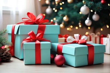 Close-up of Christmas tree with red balls and bokeh in the background. Background with copy space for holiday design.