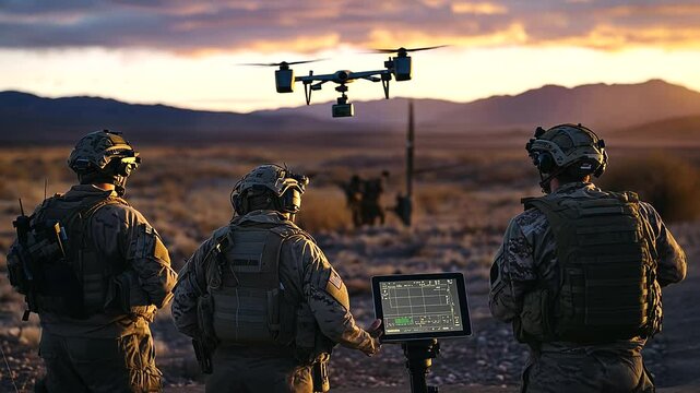 In a rugged border outpost, troops gather around a tablet displaying live surveillance feeds, with a Starlink antenna positioned nearby, beaming satellite data across the vast, des