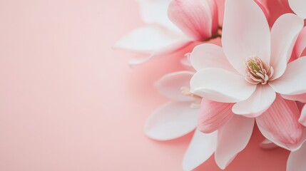 Obraz premium Delicate Pink and White Magnolia Flowers on Soft Pink Background Capturing the Essence of Spring and Natural Beauty in Floral Arrangement