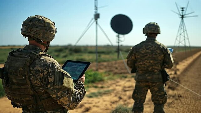 On the edge of a remote border, troops monitor live surveillance footage on a tablet, while a Starlink antenna beams signals from the clear sky, symbolizing satellite-enabled borde