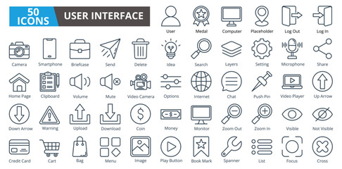 User Interface lineUser interface icon collection set. Containing user,medal,computer,placeholder,log out,camera,briefcase icon. Simple line vector