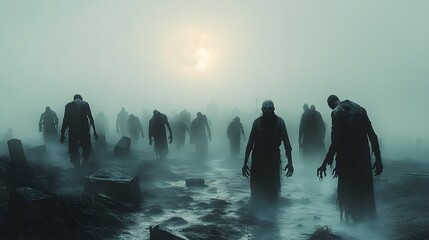 A Hordes of Zombies Wandering Through a Fog-Covered Graveyard at Dusk With Eerie Atmosphere and Ominous Shadows in the Background