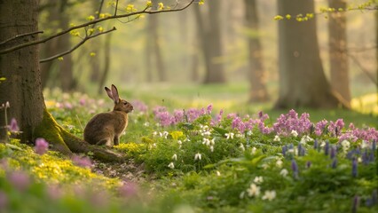 hare in the spring forest on a meadow near flowers
