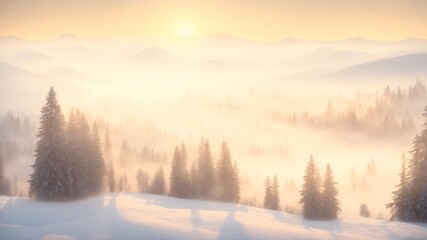 Naklejka premium Winter forest in the morning during sunrise, sunlight penetrates the fog, warm colors, AI generation
