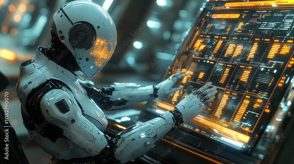 Poster an advanced android interacts with a glowing control panel at a sleek futuristic workspace