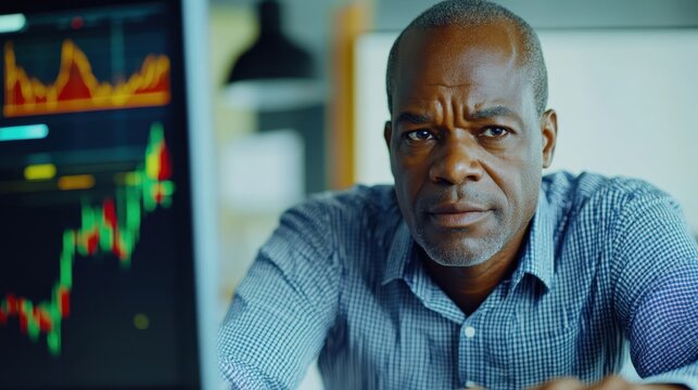 A middle-aged African man is focused on analyzing financial data displayed on his desktop computer