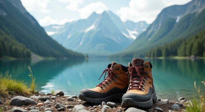 Adventurous Hiking Boots by a Serene Mountain Lake - Powered by Adobe
