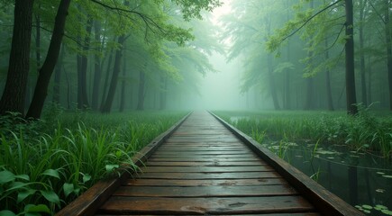 Obraz premium Misty Woodland Pathway Leading Through a Lush Forest