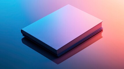 Hardcover book with gradient blue and pink color scheme on a reflective surface with creative lighting.