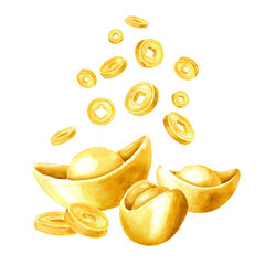 Chinese New Year gold ingots Yuan Bao witn golden coins.  Symbol of wealth, abundance and monetary luck in Feng Shui. Watercolor hand drawn illustration  isolated on white background