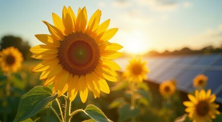 Vibrant Sunflower in a Sunlit Field with Solar Panels