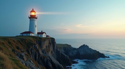 A Coastal Lighthouse Guiding Ships at Dusk