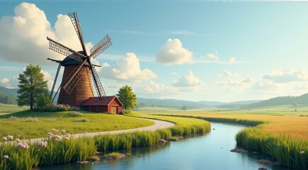 Fototapeta premium Traditional Windmill in the Idyllic Countryside Landscape