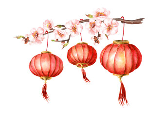 Red traditional chinese lanterns on the flowering branch. Watercolor hand painted illustration  isolated on white background © dariaustiugova