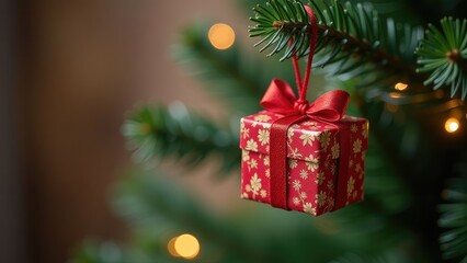The gift box is hanging on a fir branch