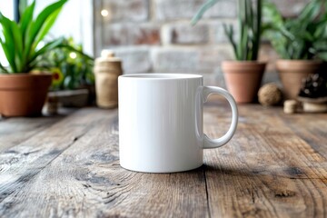 A cozy white mug on a rustic wooden table with minimal holiday decor and warm lighting, perfect for winter moments