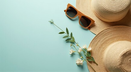 Stylish Summer Accessories with Hats and Sunglasses on a Calm Background