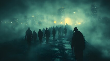 A Group of Zombies Walking Slowly Across a Deserted Bridge with a Foggy Background in a Dark Urban Landscape at Night