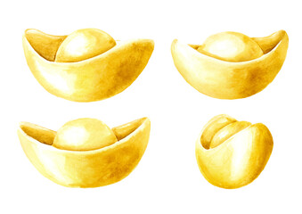 Chinese New Year gold ingots Yuan Bao Set.  Symbol of wealth, abundance and monetary luck in Feng Shui. Watercolor hand drawn illustration, isolated on white background