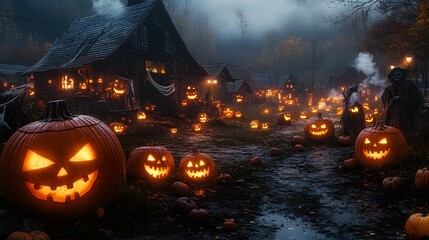 Enchanting Rustic Barnyard Decorated with Glowing Jack-o'-Lanterns Set in a Mysterious Autumn Landscape Capturing the Spirit of Halloween