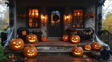 Fototapeta premium Charming Rustic Halloween Porch Decorated with Jack-o'-Lanterns Glowing Brightly in the Evening Light, Inviting Autumn Atmosphere for Festivities